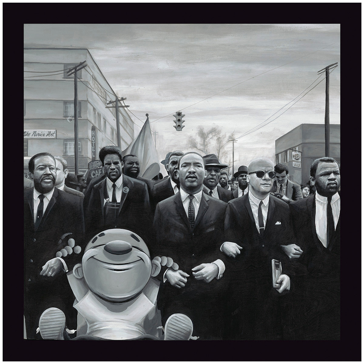 Paul's Walk at Selma black-and-white art print by Mike Norice featuring Powerful Paul alongside Dr. Martin Luther King Jr. and civil rights leaders in a depiction of the historic 1965 Selma voting rights marches.