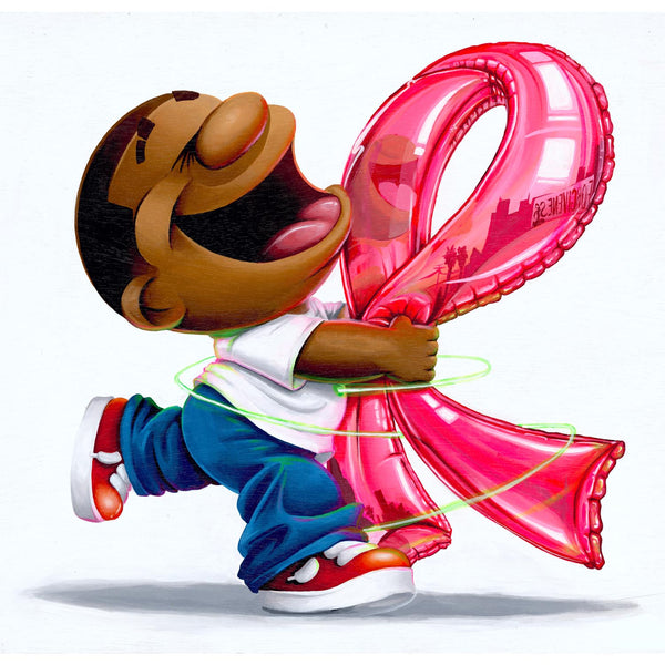 Powerful Paul breast cancer awareness art print by Mike Norice featuring a joyful Black cartoon character hugging a large metallic pink breast cancer awareness ribbon.