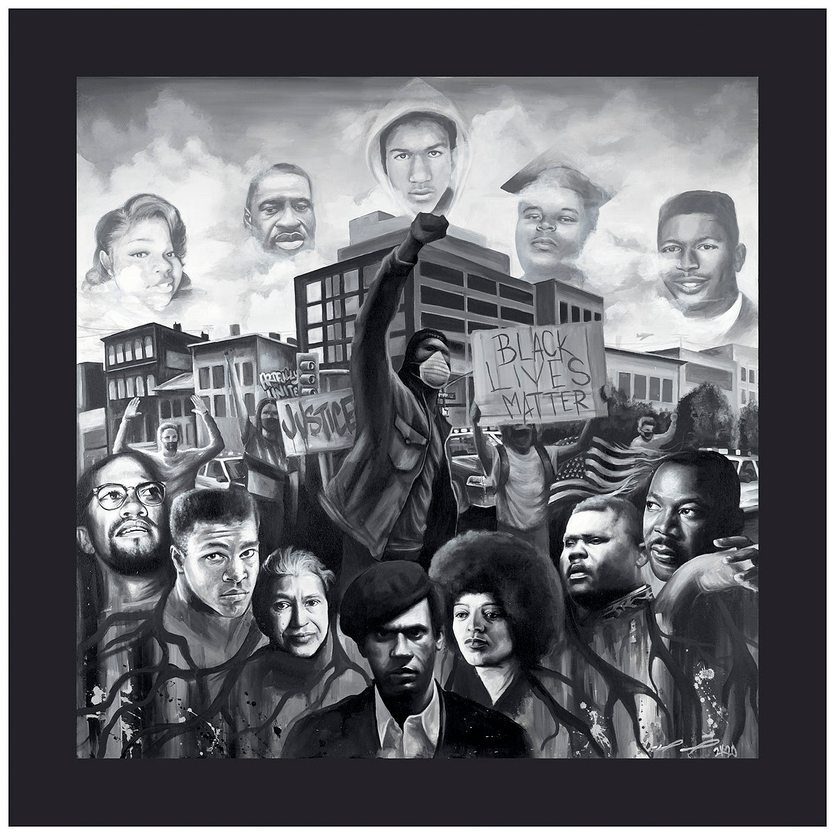 Revolutionary Roots Black History art print by Mike Norice featuring 2020 Black Lives Matter protesters, raised fists, civil rights leaders Malcolm X, Angela Davis, Huey P. Newton, and symbolic roots representing Black resistance and unity.
