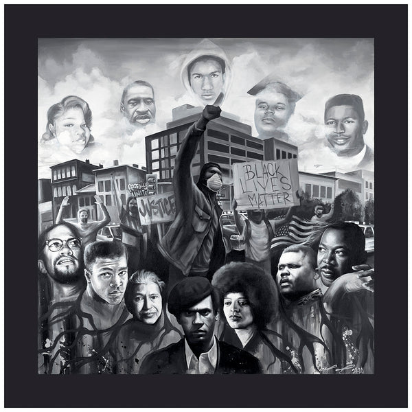 Revolutionary Roots Black History art print by Mike Norice featuring 2020 Black Lives Matter protesters, raised fists, civil rights leaders Malcolm X, Angela Davis, Huey P. Newton, and symbolic roots representing Black resistance and unity.