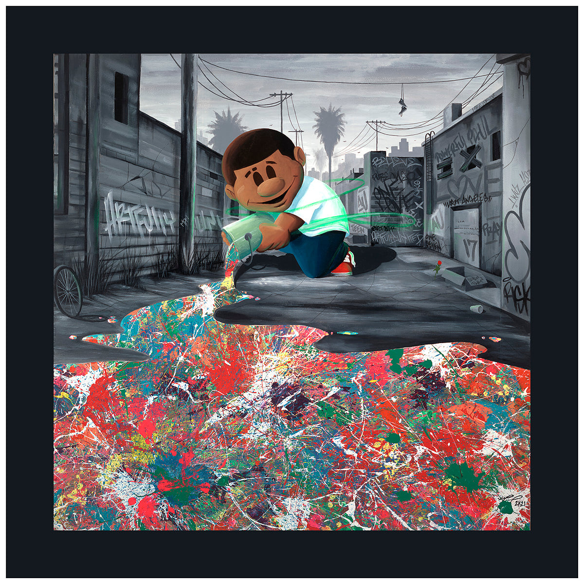 Spread Love contemporary street art print by Mike Norice featuring Powerful Paul pouring vibrant rainbow-colored splatter paint into a dark, graffiti-covered Los Angeles alleyway, symbolizing love, joy, creativity, and positivity.