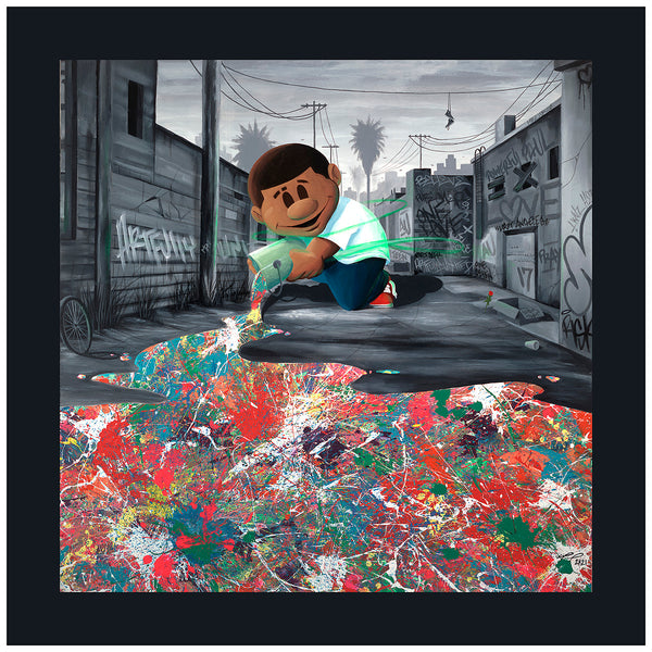 Spread Love contemporary street art print by Mike Norice featuring Powerful Paul pouring vibrant rainbow-colored splatter paint into a dark, graffiti-covered Los Angeles alleyway, symbolizing love, joy, creativity, and positivity.