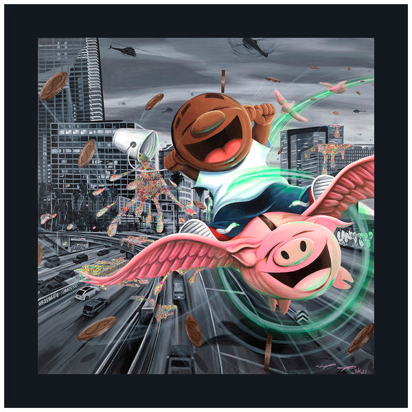 When Pigs Fly contemporary art print by Mike Norice featuring Powerful Paul riding a giant pink flying piggy bank above Downtown Los Angeles, spreading colorful splatter paint with glowing green energy representing the power of prayer.